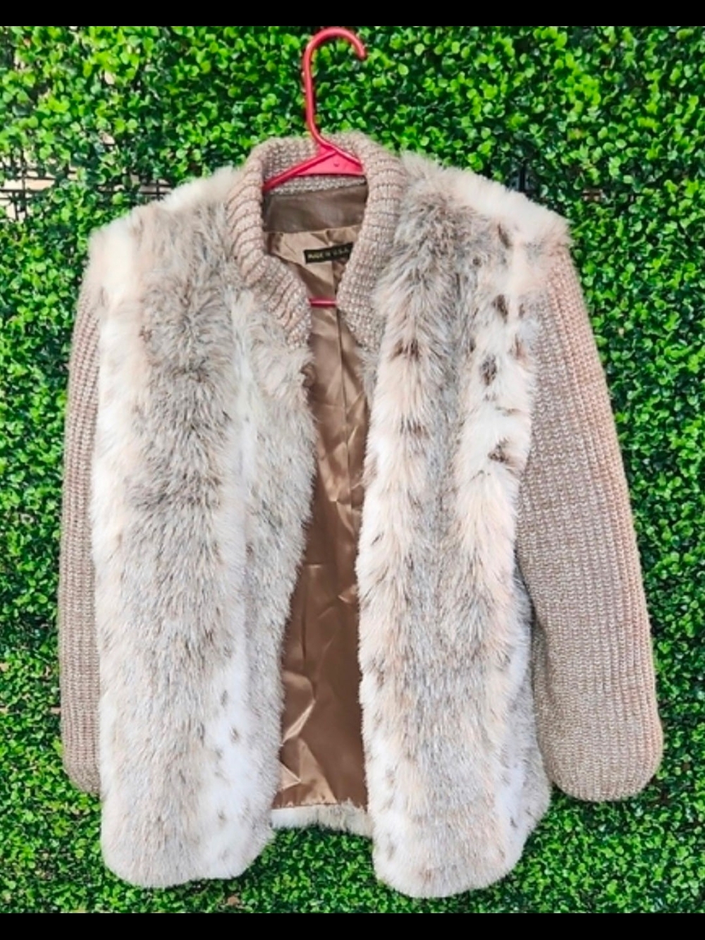 Style & Co. Faux Fur Knit Coat in Beige and Cream